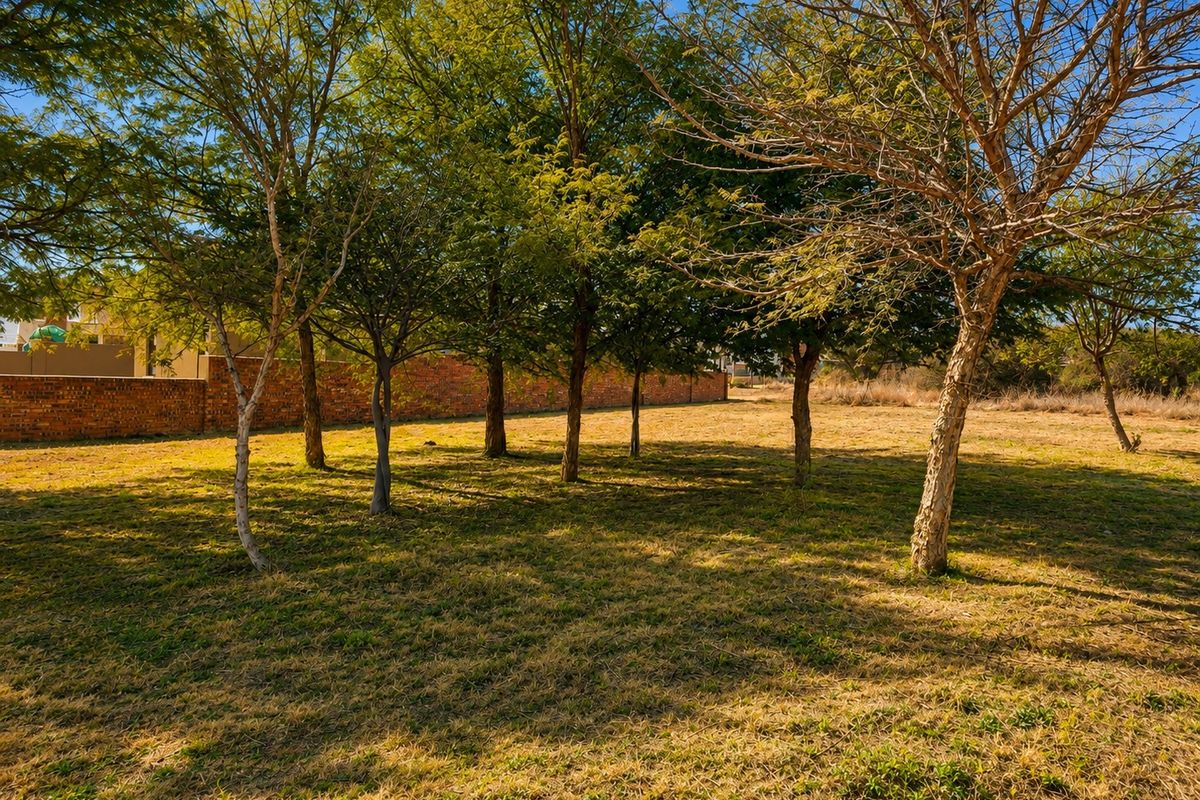 A vacant residential plot featuring established trees and a brick boundary wall, offering a clear space for potential development.