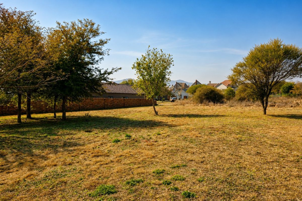 A spacious vacant residential plot featuring mature trees and a brick boundary wall, offering a clear view of the surrounding neighborhood.