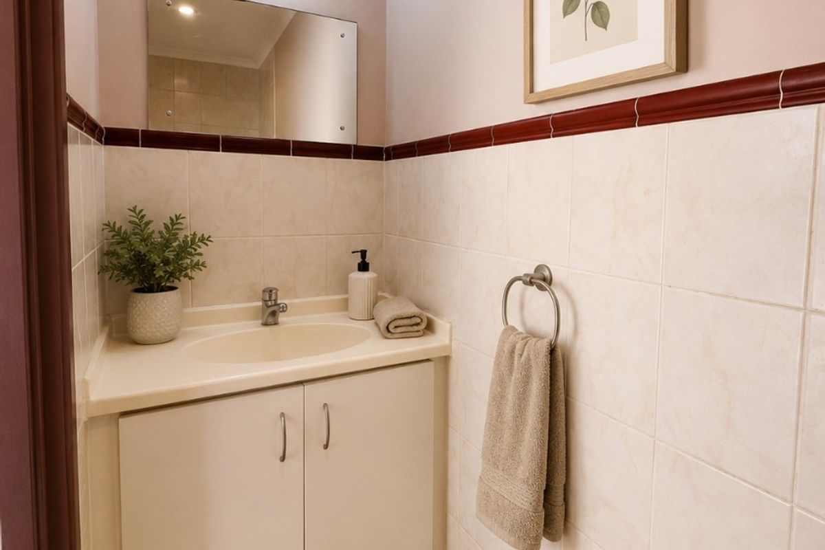 A compact bathroom featuring a vanity cabinet with an integrated sink, wall-mounted mirror, and neutral ceramic wall tiling with a decorative border.