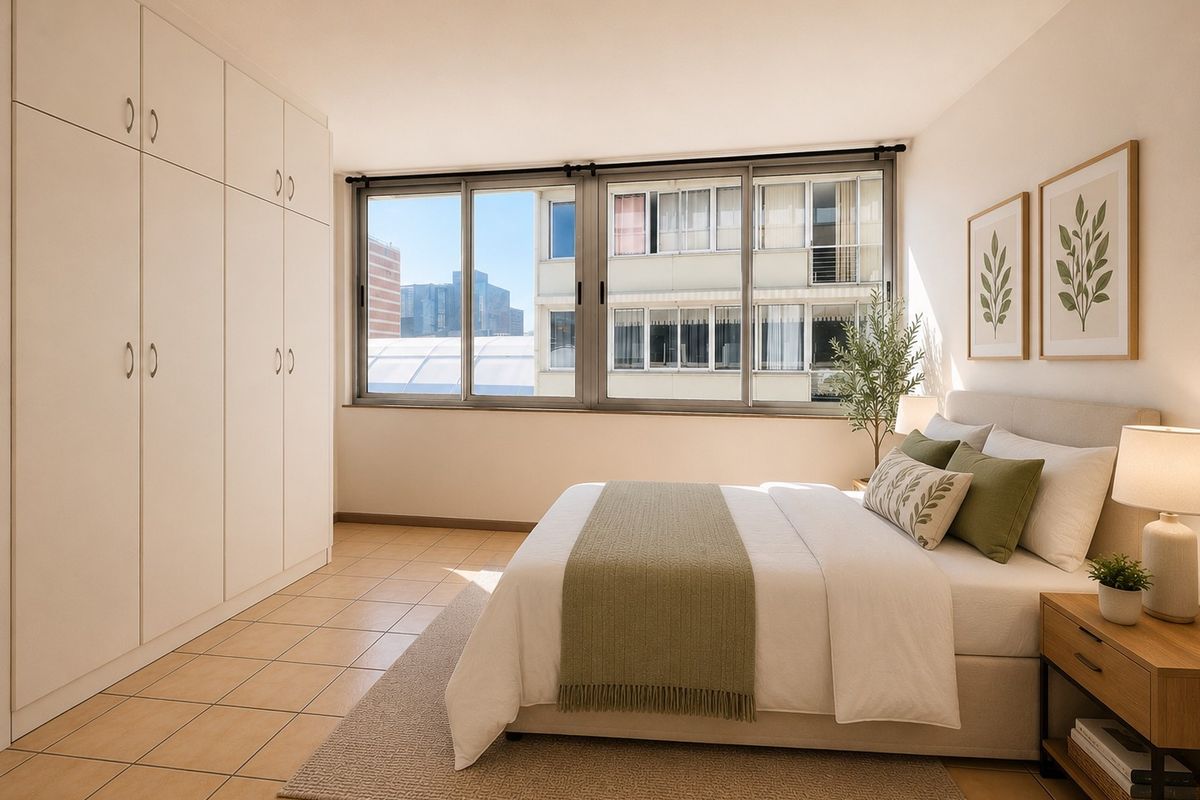 A bright bedroom featuring neutral tiled flooring, ample built-in cupboard storage, and large sliding windows providing natural light and urban views.