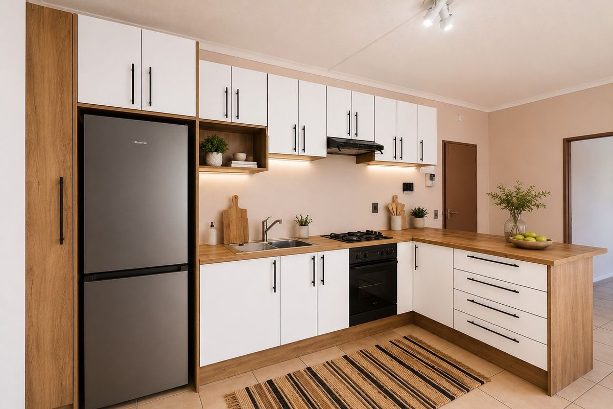 Modern kitchen featuring white cabinetry with wood-tone accents, integrated appliances, gas hob, and sleek countertops, offering a clean and functional cooking space.