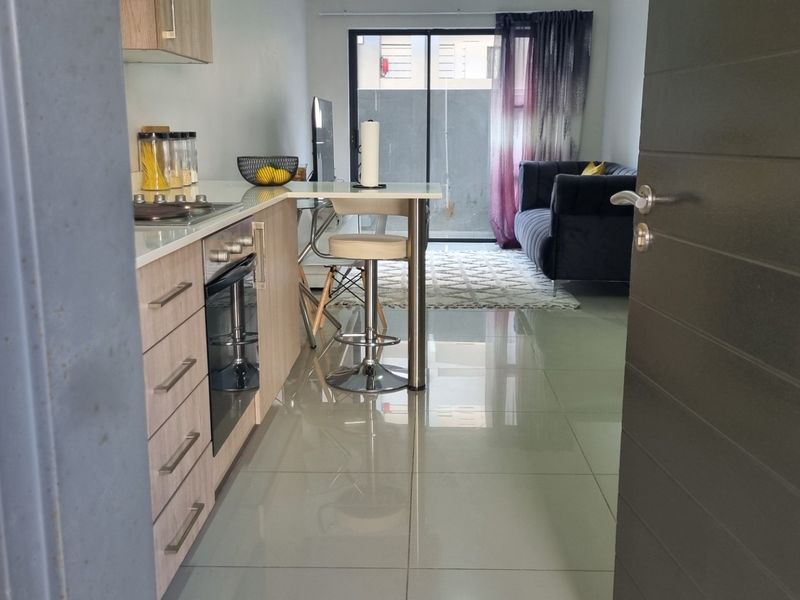 Modern open-plan apartment featuring a sleek kitchen with built-in appliances and stone countertops, flowing seamlessly into a living area with sliding door access.