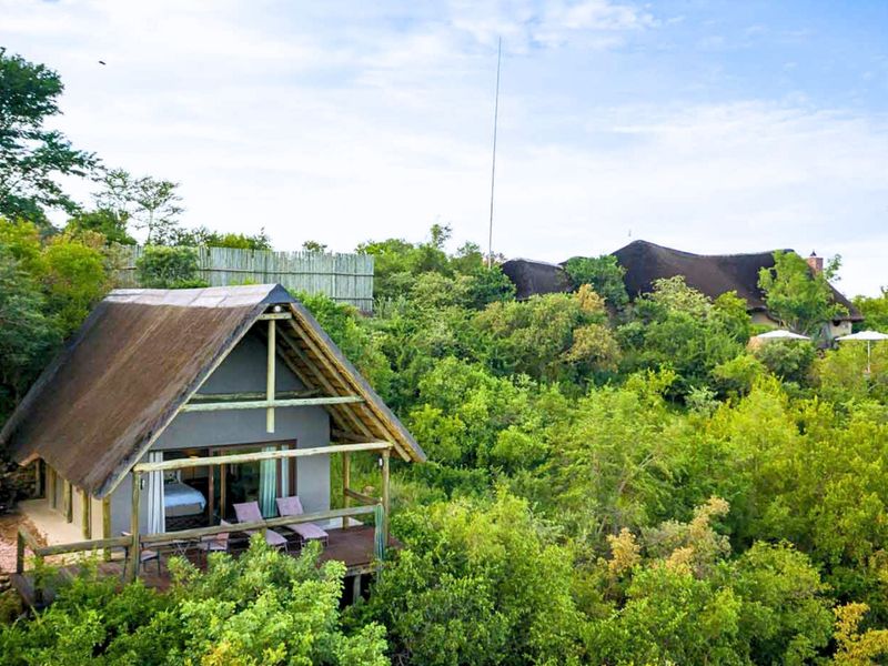 Elevated view of a rustic thatch-roofed cabin nestled in lush greenery, featuring a private timber deck and sliding glass doors.