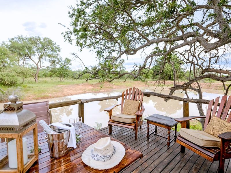 A rustic timber deck overlooking a natural pond and surrounding bushveld, featuring sturdy log railings and a peaceful outdoor setting.