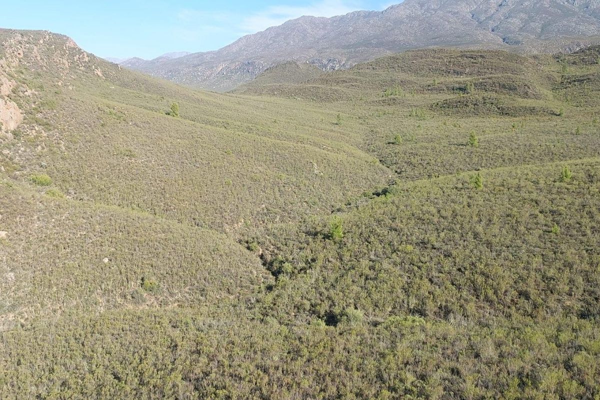 An expansive aerial view of the natural farm landscape featuring rolling hills and a prominent mountain range in the background.