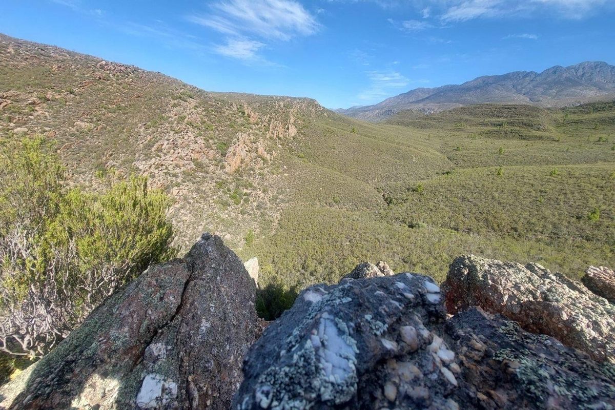 Expansive panoramic view of the rugged mountain landscape and natural fynbos vegetation surrounding the property.
