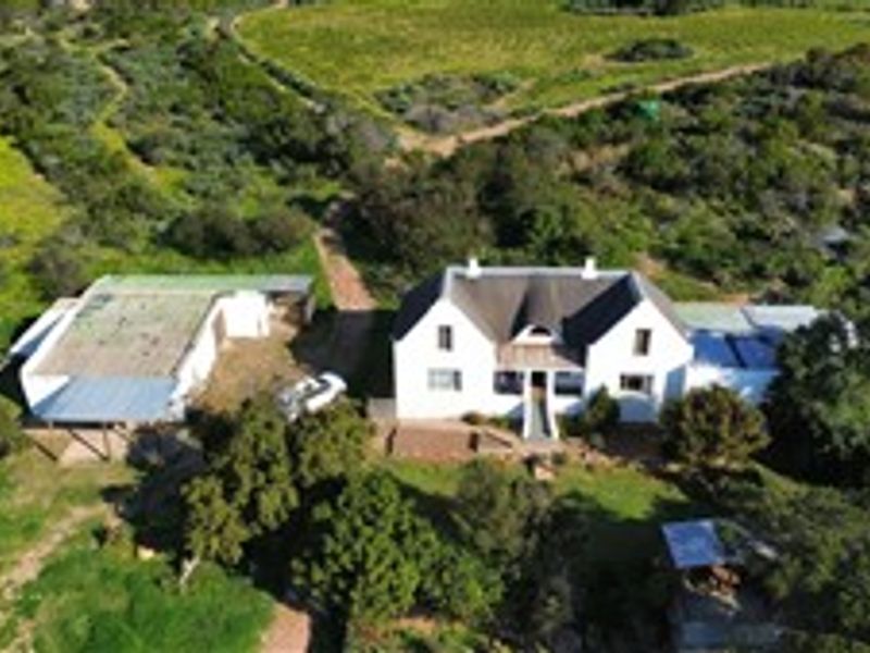 Aerial view of a farmhouse property featuring a main residence with a thatched roof, surrounding outbuildings, and expansive rural grounds.