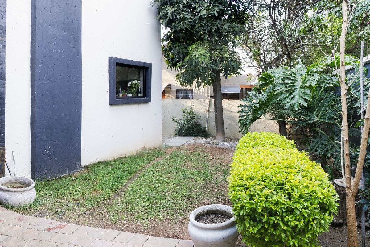 A private rear garden area featuring a paved walkway, established trees, manicured hedges, and a boundary wall.