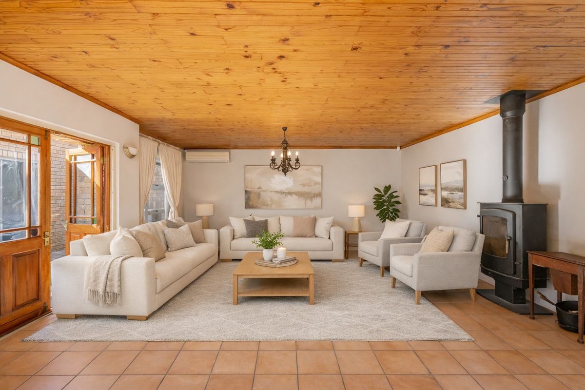 Spacious living room featuring a warm wood-paneled ceiling, tiled flooring, and a cozy freestanding fireplace, with direct access to the outdoor area.