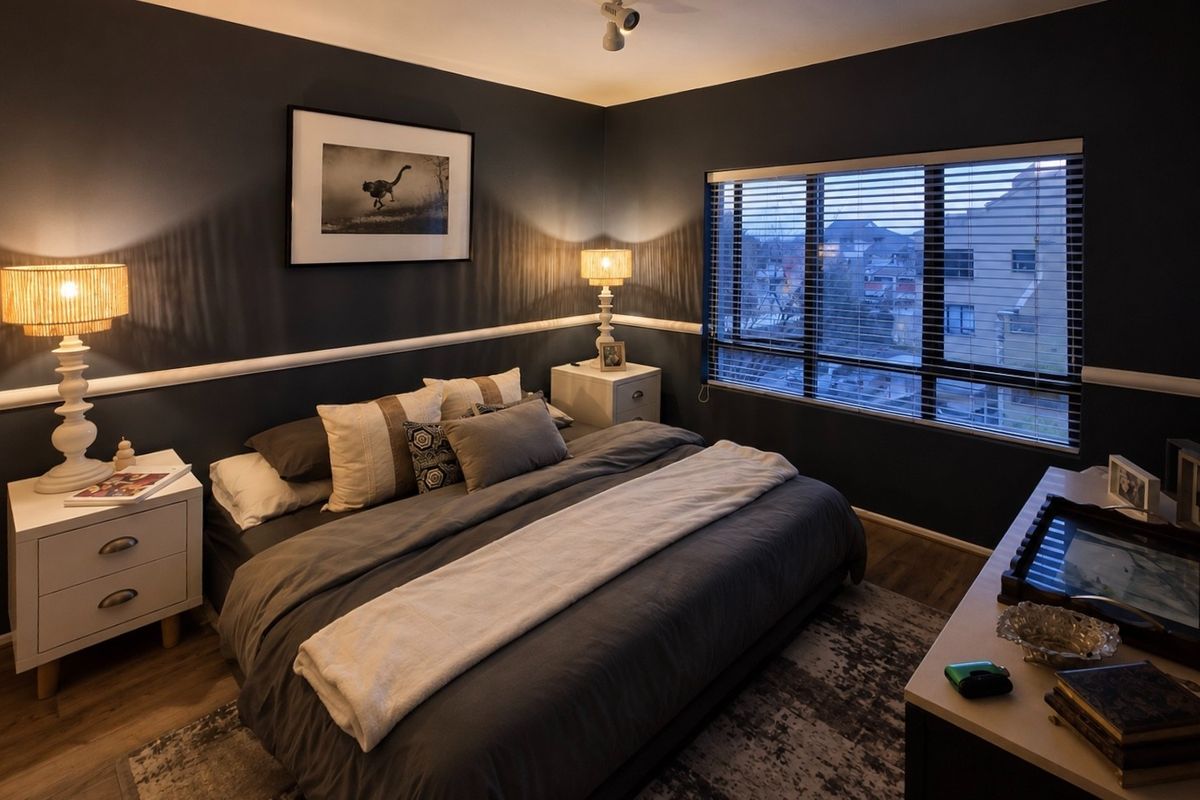 A well-maintained bedroom featuring dark accent walls, a chair rail, laminate flooring, and large windows with venetian blinds offering an exterior view.
