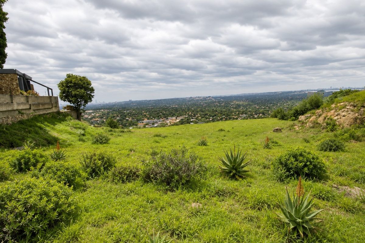 A wide-angle view overlooking a residential landscape from a sloped, grassy plot featuring a stone-clad retaining wall.