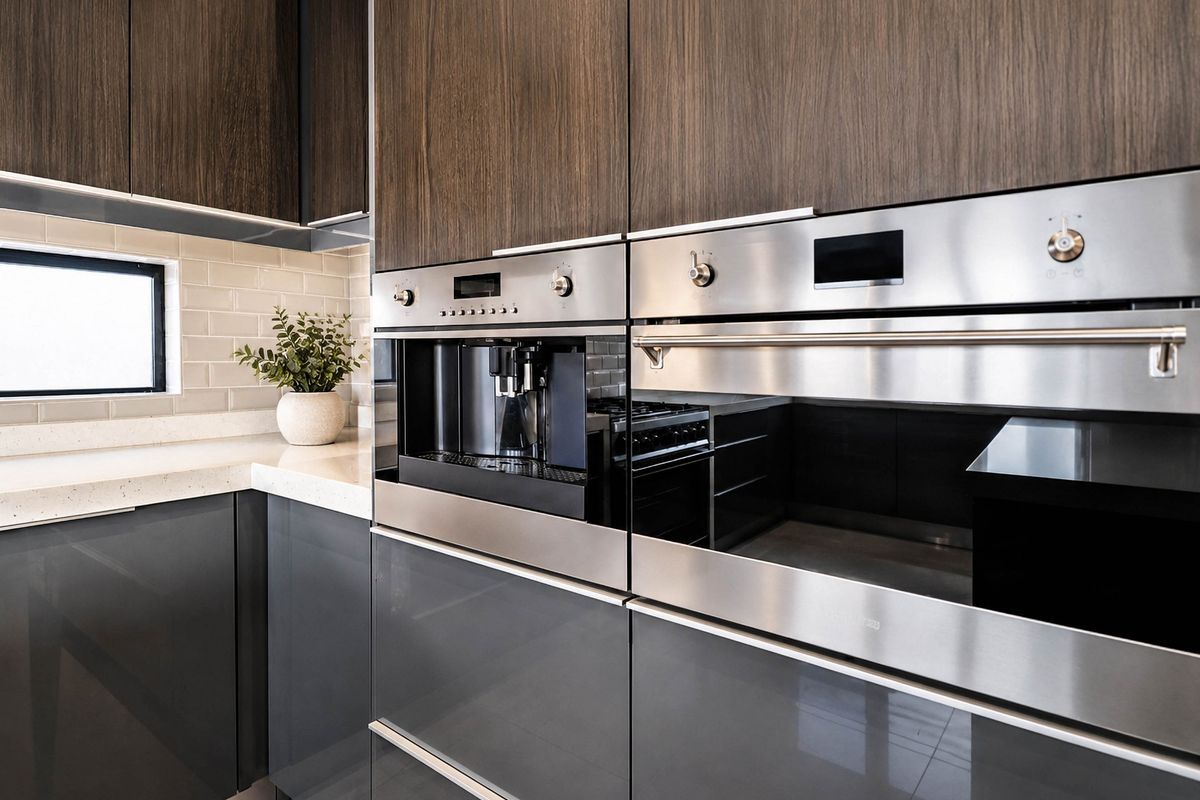 Modern kitchen featuring high-gloss and wood veneer cabinetry, stone countertops, subway tile backsplash, and integrated stainless steel appliances including an oven and coffee machine.