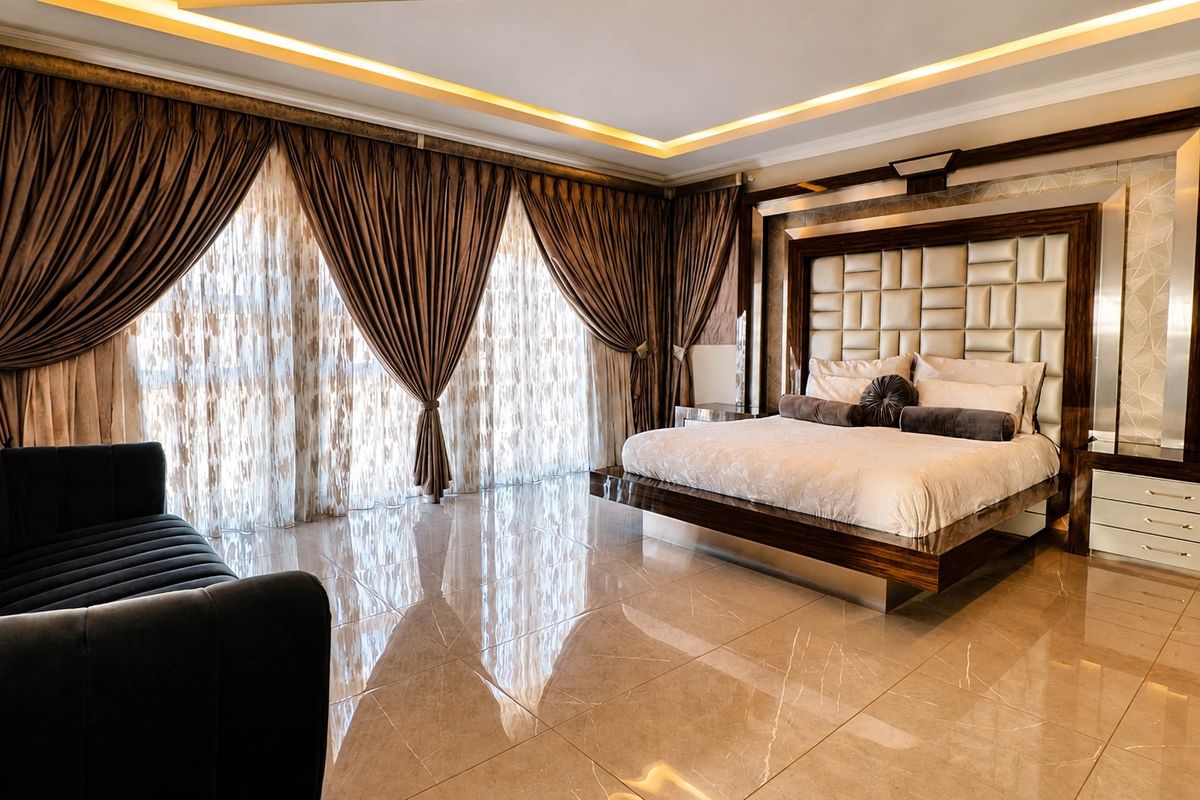 Luxurious master bedroom featuring polished porcelain flooring, a custom built-in headboard with integrated bedside cabinetry, and elegant recessed ceiling lighting.