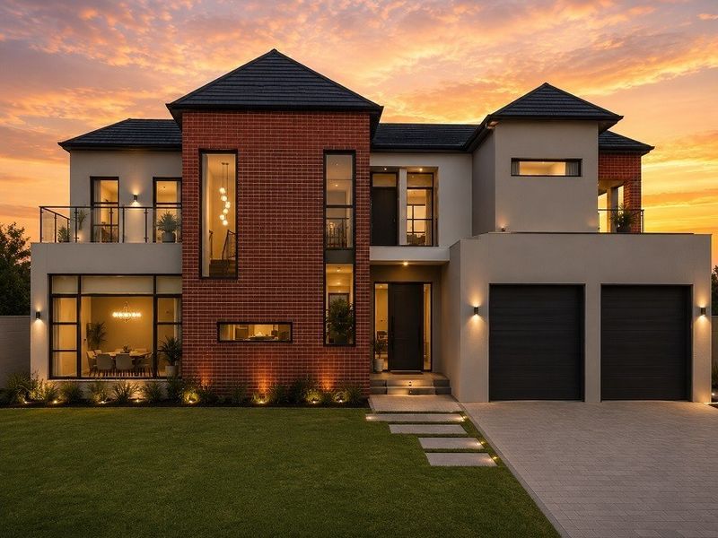 A modern double-story residence featuring a striking brick and render facade, double garage, balcony, and beautifully landscaped front garden at sunset.