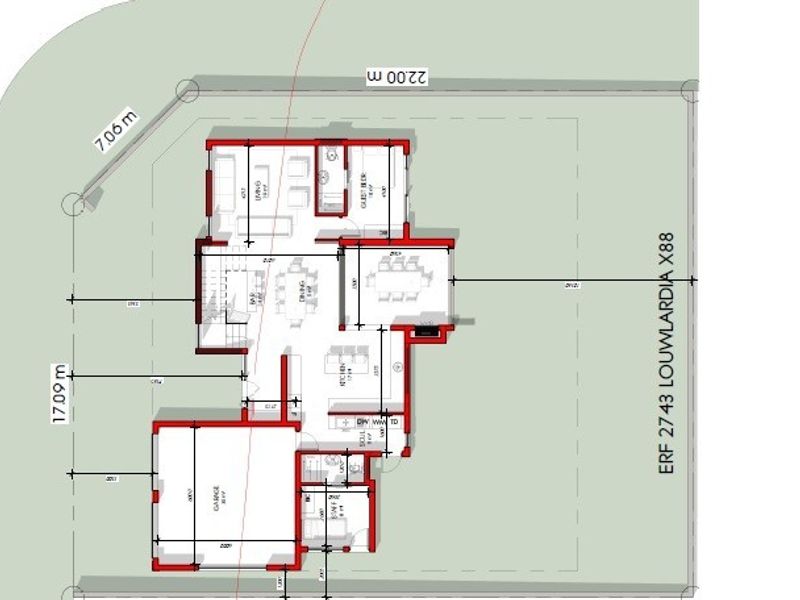 Architectural floor plan showing the layout of the property, including living areas, kitchen, garage, and room dimensions.