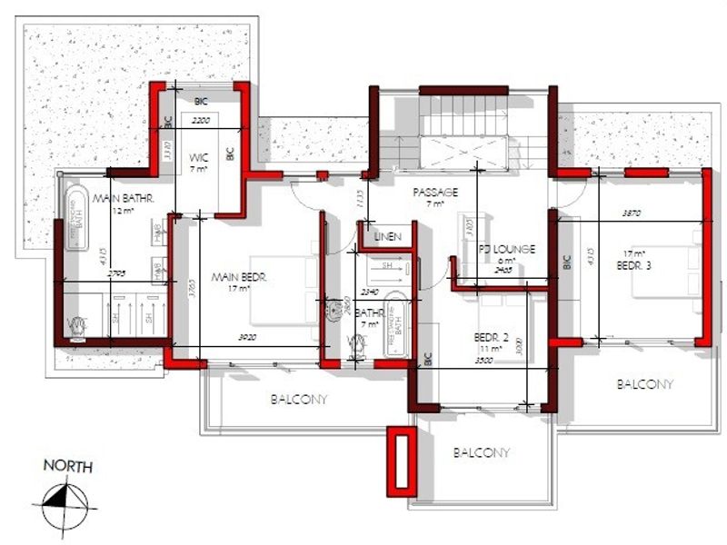 Architectural floor plan showing the layout of the upper level, including three bedrooms, bathrooms, a pajama lounge, and balconies.