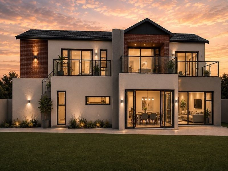 Modern two-story residence featuring a brick and stucco facade, expansive glass bi-fold doors, upper-level balconies, and integrated exterior lighting overlooking a manicured lawn.