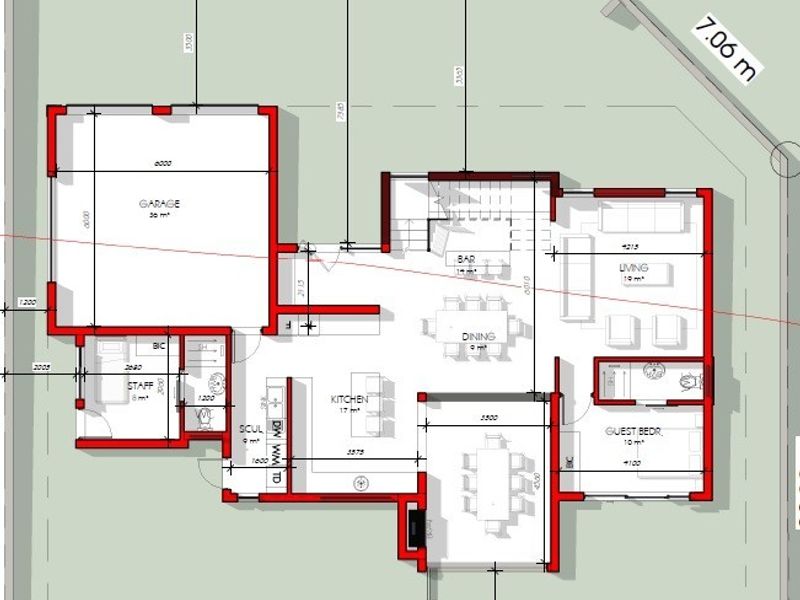 A detailed architectural floor plan showing the layout of the house, including the garage, kitchen, living areas, and bedrooms.
