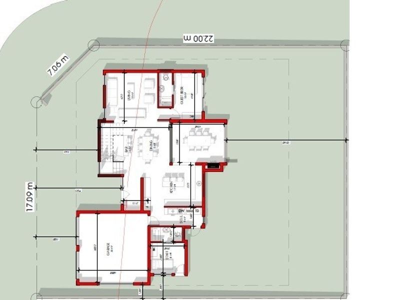 Architectural floor plan showing the layout of the ground floor, including living areas, kitchen, garage, and outdoor space dimensions.