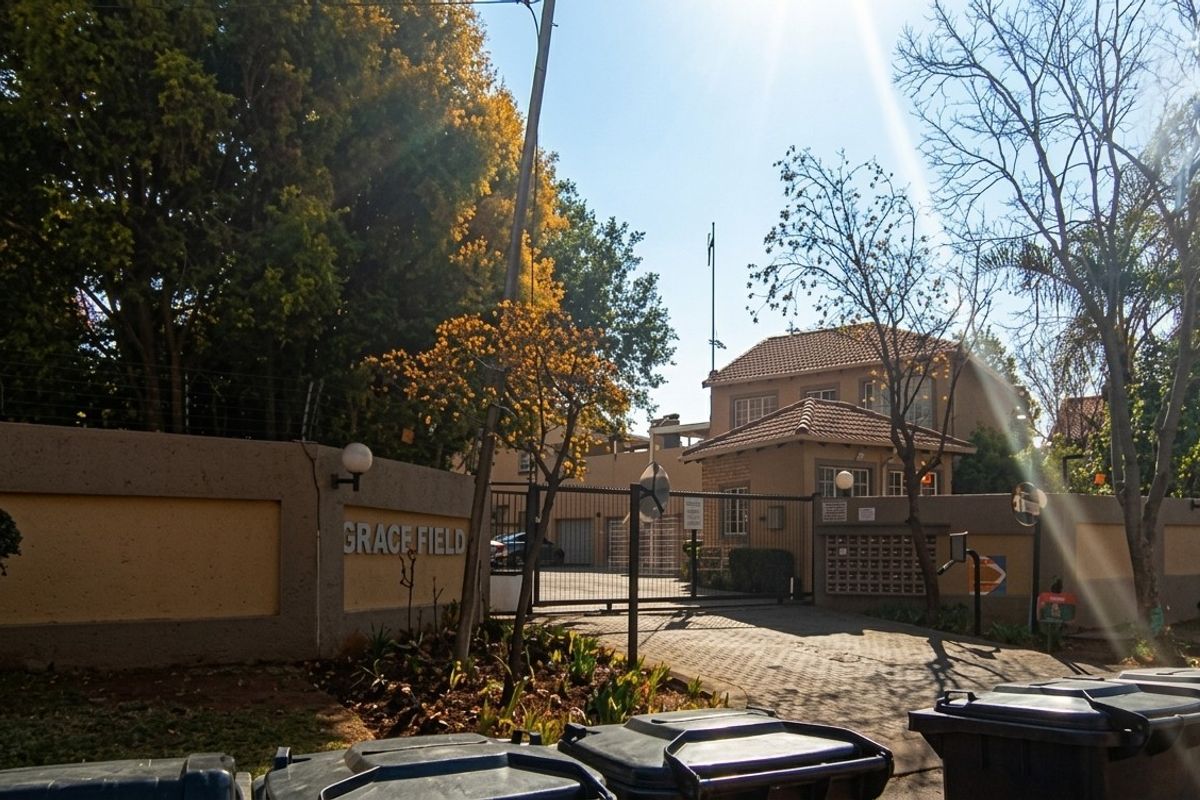 Front entrance view of Grace Field townhouse complex featuring a secure gated access point, guard house, and perimeter wall with electric fencing.