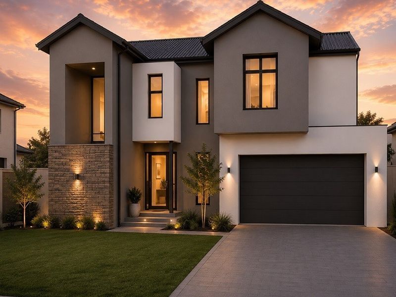 Modern double-storey residential facade featuring stone cladding, a paved driveway, integrated garage, and contemporary exterior lighting at dusk.