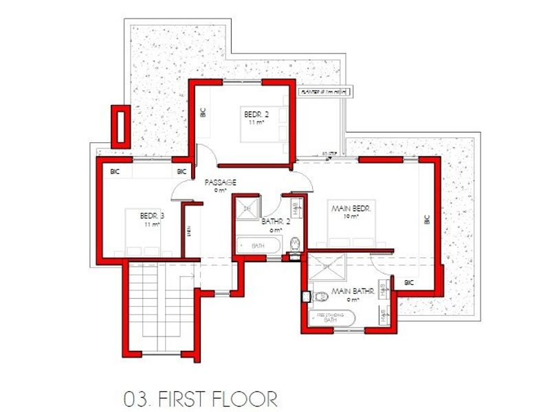Architectural floor plan for the first floor, detailing the layout of three bedrooms, two bathrooms, and a central passage area.
