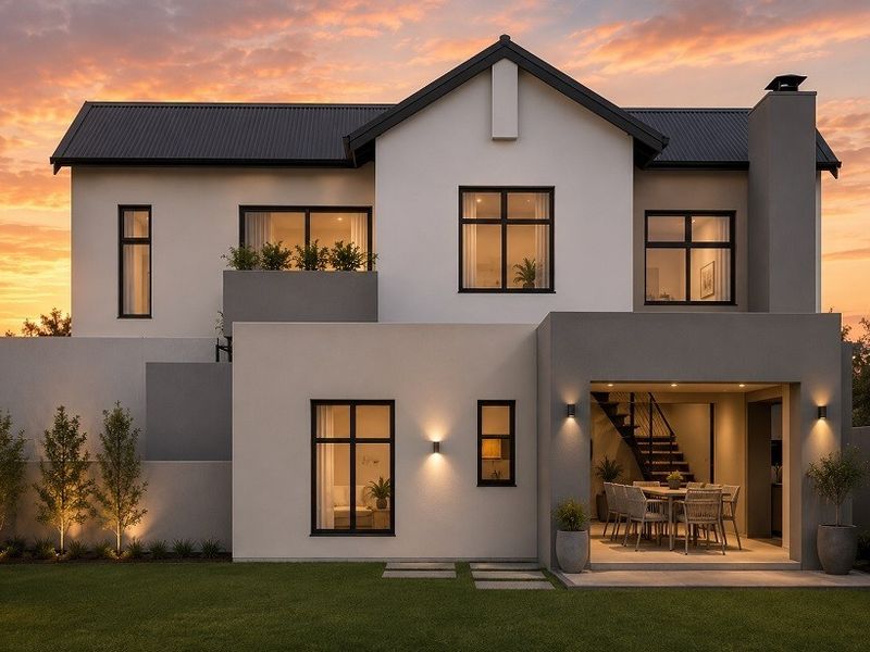 A modern two-story residence featuring a covered rear patio, external staircase, and well-maintained garden, captured during a scenic sunset.