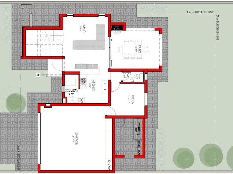 Architectural floor plan showing the layout of the ground floor, including living areas, kitchen, garage, and outdoor spaces.