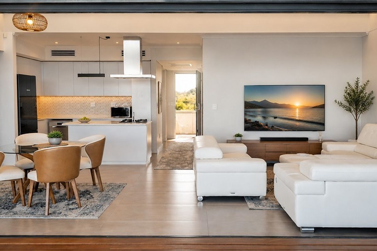 Modern open-plan living area featuring a sleek kitchen with island, tiled floors, and seamless flow to the outdoor space through large sliding doors.