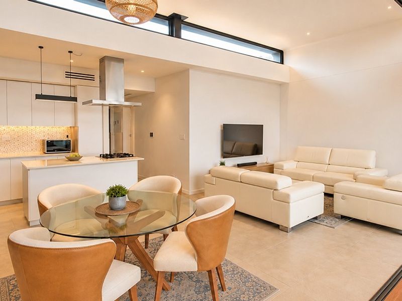 Modern open-plan living area featuring a sleek kitchen with integrated appliances, high ceilings with clerestory windows, and seamless flow to an outdoor space.