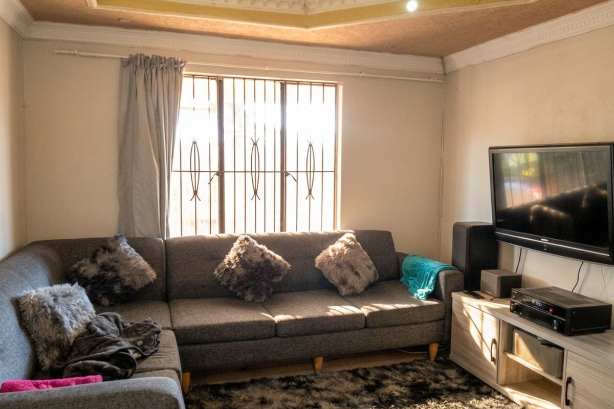 A living room featuring decorative ceiling molding and security bars on the window. The ceiling shows signs of wear and staining.