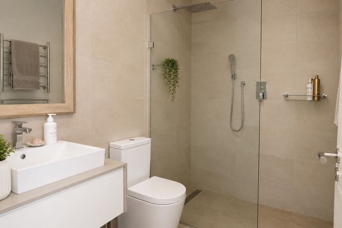 Modern bathroom featuring a walk-in shower with glass screen, wall-mounted vanity basin, toilet, and a heated towel rail with neutral tiling.