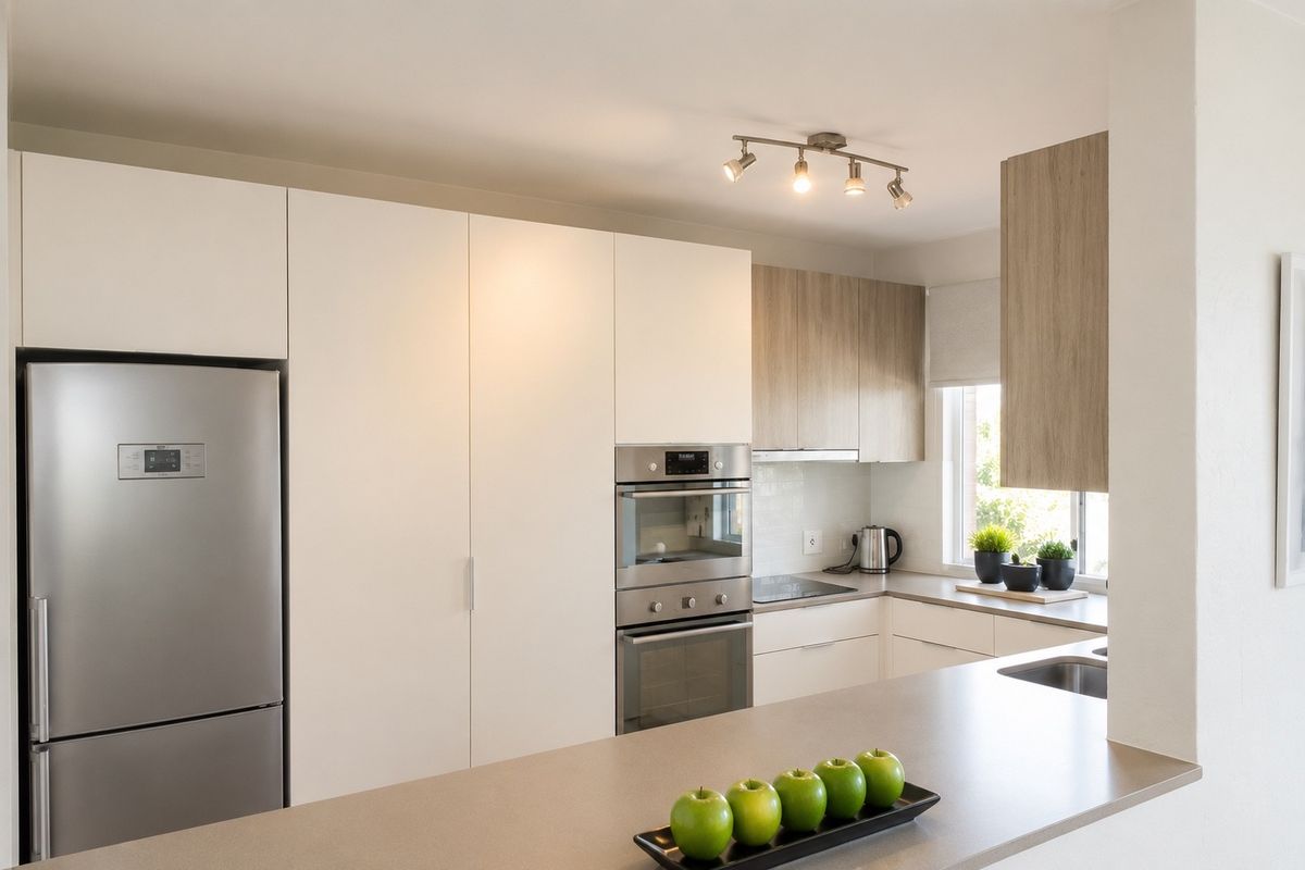 Modern kitchen featuring sleek white and wood-tone cabinetry, integrated appliances, stone countertops, and functional track lighting.