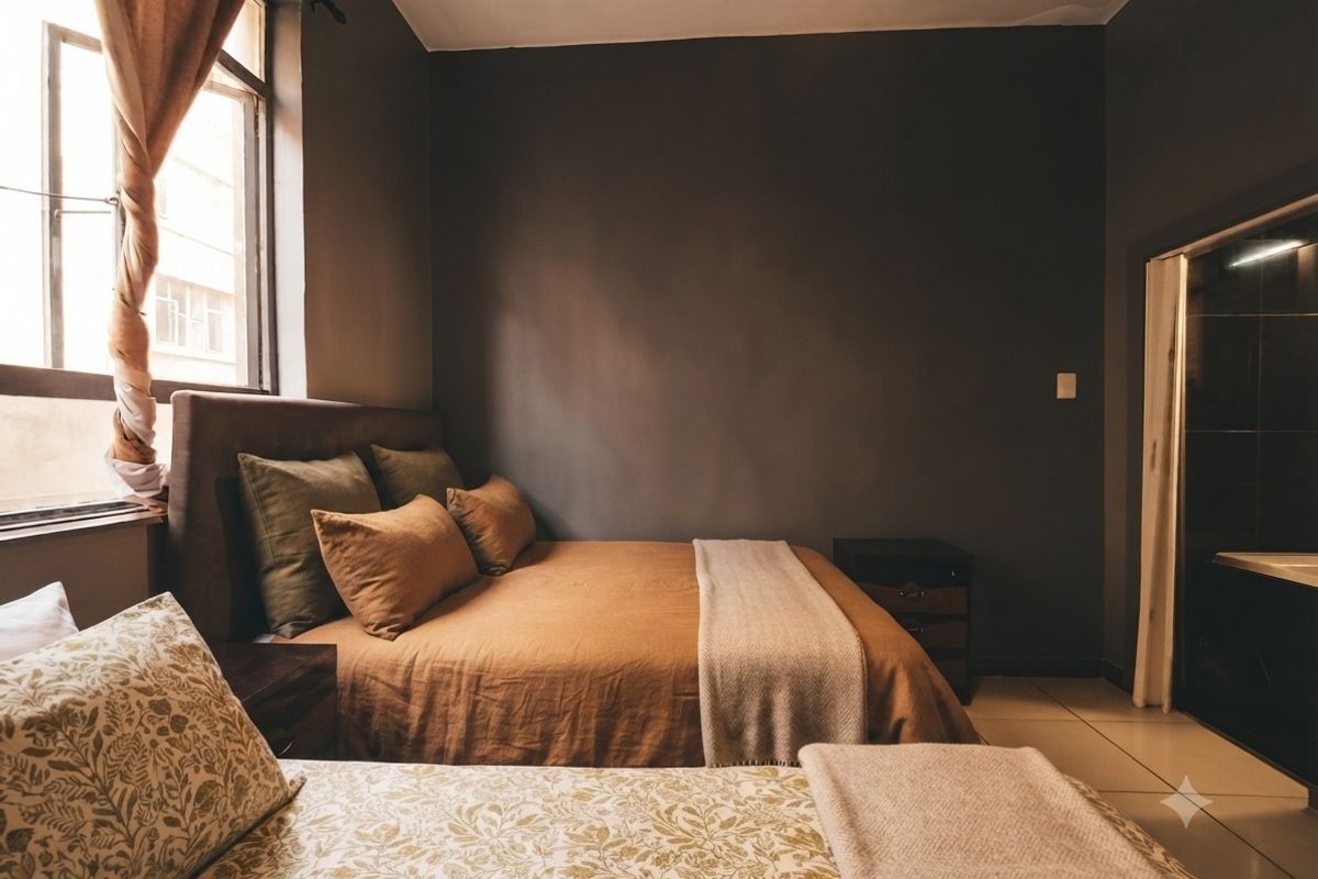 A bedroom featuring tiled flooring, dark accent walls, and an en-suite bathroom entrance, providing a cozy and functional sleeping space.