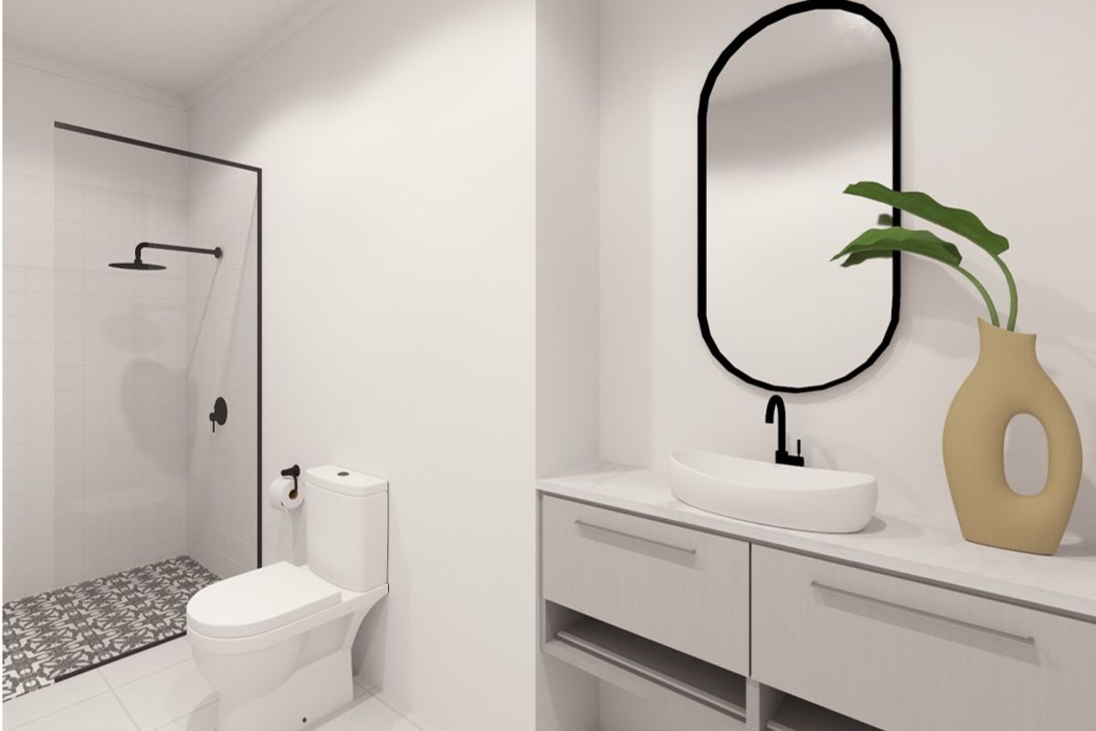 Modern bathroom featuring a walk-in shower with black-framed screen, vanity with vessel sink, and contemporary black fixtures.
