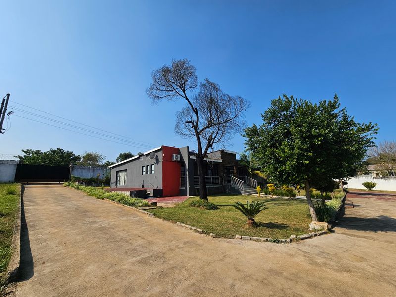 Front view of a single-story house featuring a concrete driveway, landscaped garden, and exterior wall finishes with a red accent wall.