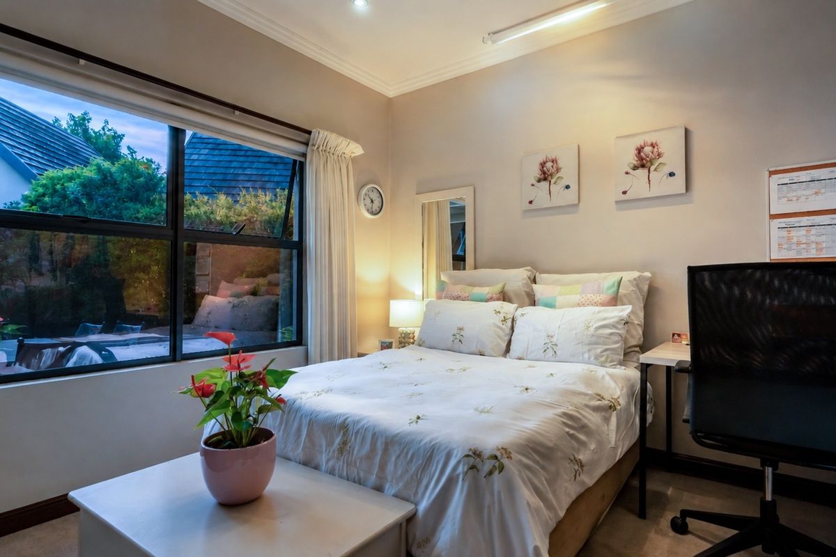 A well-lit bedroom featuring large windows with garden views, neutral wall finishes, and recessed ceiling lighting.