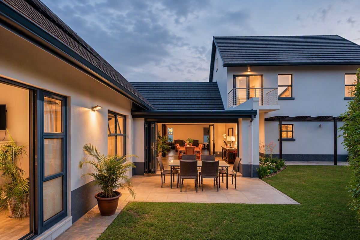A well-maintained rear exterior view of a townhouse featuring a paved patio, bi-fold doors leading to the interior, and a private garden.