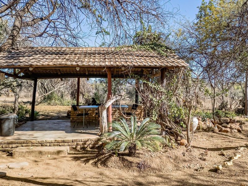 A rustic outdoor patio area featuring a tiled roof, concrete flooring, and a built-in brick counter, set within a natural, wooded farm landscape.