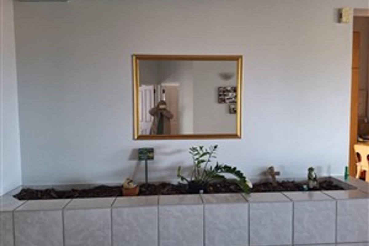 A living area featuring a built-in tiled indoor planter box against a plain wall.