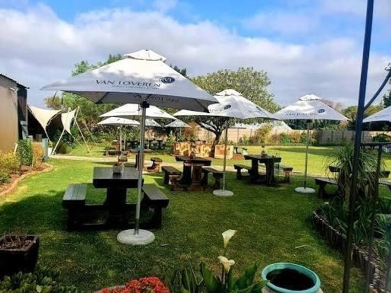 A well-maintained outdoor garden area featuring expansive lawn space, established trees, and paved pathways, suitable for outdoor leisure and entertainment.