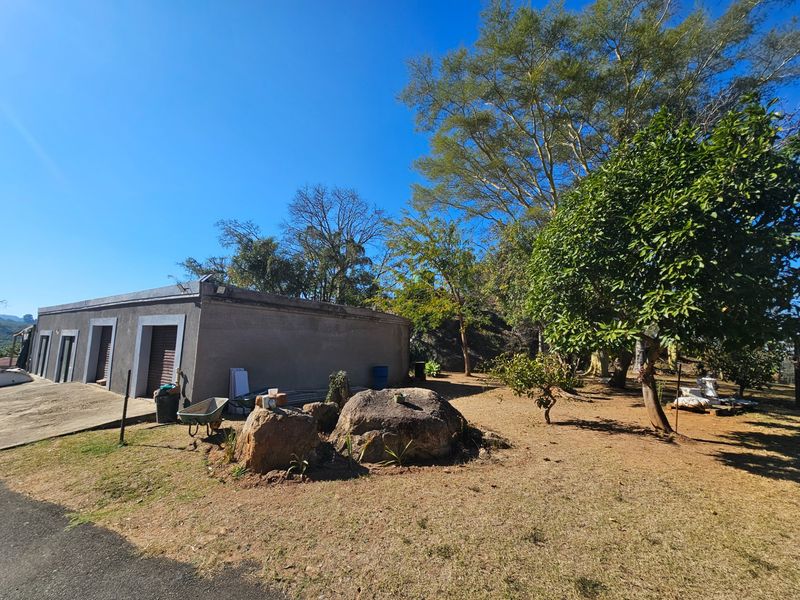 Rear exterior view of the property featuring a concrete driveway, roller shutter access doors, and a spacious garden with mature trees.