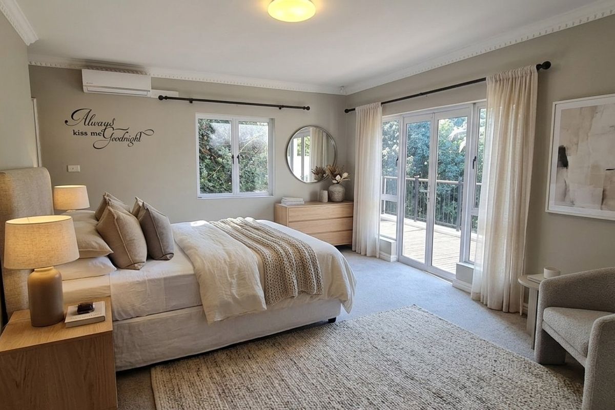Spacious bedroom featuring neutral tones, split-system air conditioning, and direct access to a private balcony through glass french doors.