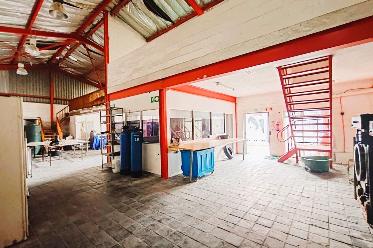 Spacious industrial utility area featuring exposed steel roof trusses, tiled flooring, and a metal staircase leading to an upper level.