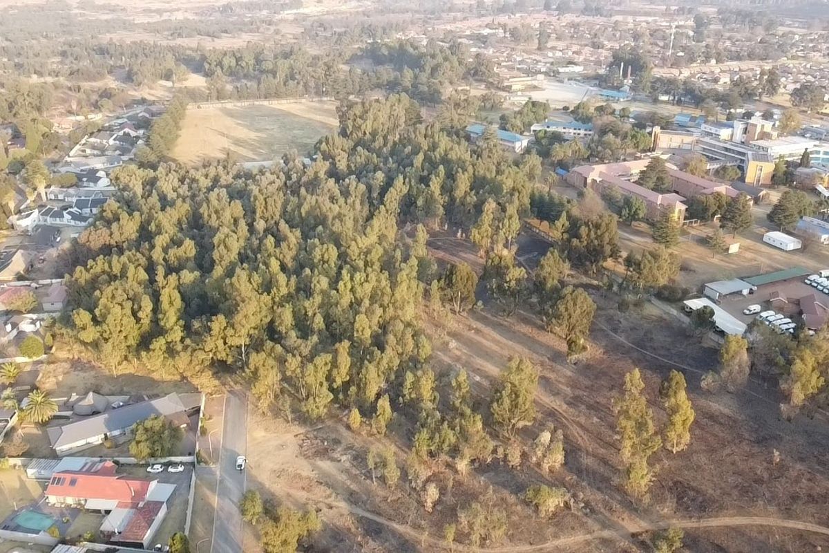 An aerial view of a large, partially wooded vacant residential plot situated within an established suburban neighborhood.