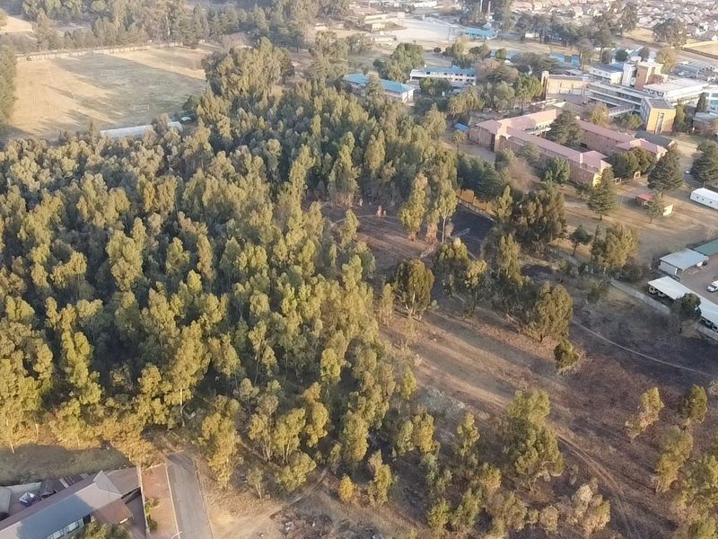 Aerial view of a large, partially wooded residential land parcel situated within an established neighborhood setting.