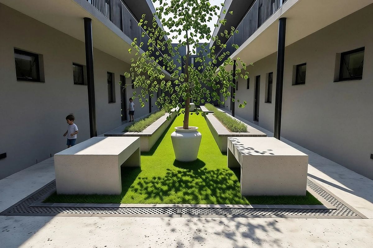A modern, well-maintained apartment complex courtyard featuring concrete benches, landscaped greenery, and symmetrical building facades with balcony access.