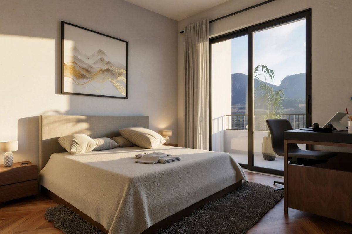 Modern bedroom featuring herringbone timber flooring and a large sliding glass door providing access to a private balcony with scenic views.