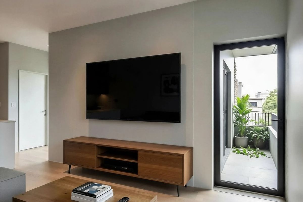 Modern living room featuring light timber flooring and direct access to a private balcony through a sleek aluminium framed glass door.