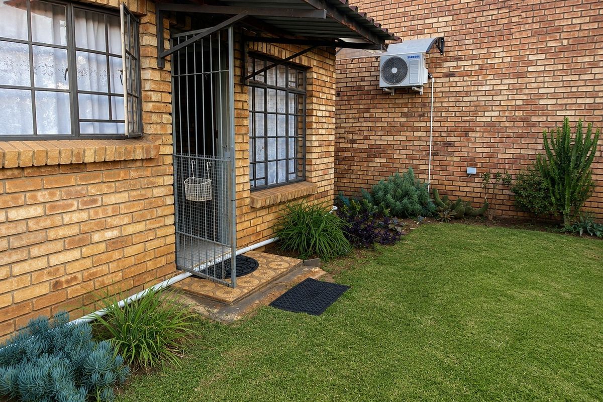 A rear exterior view of the property featuring a brick facade, security gate, metal awning, and an installed air conditioning unit.